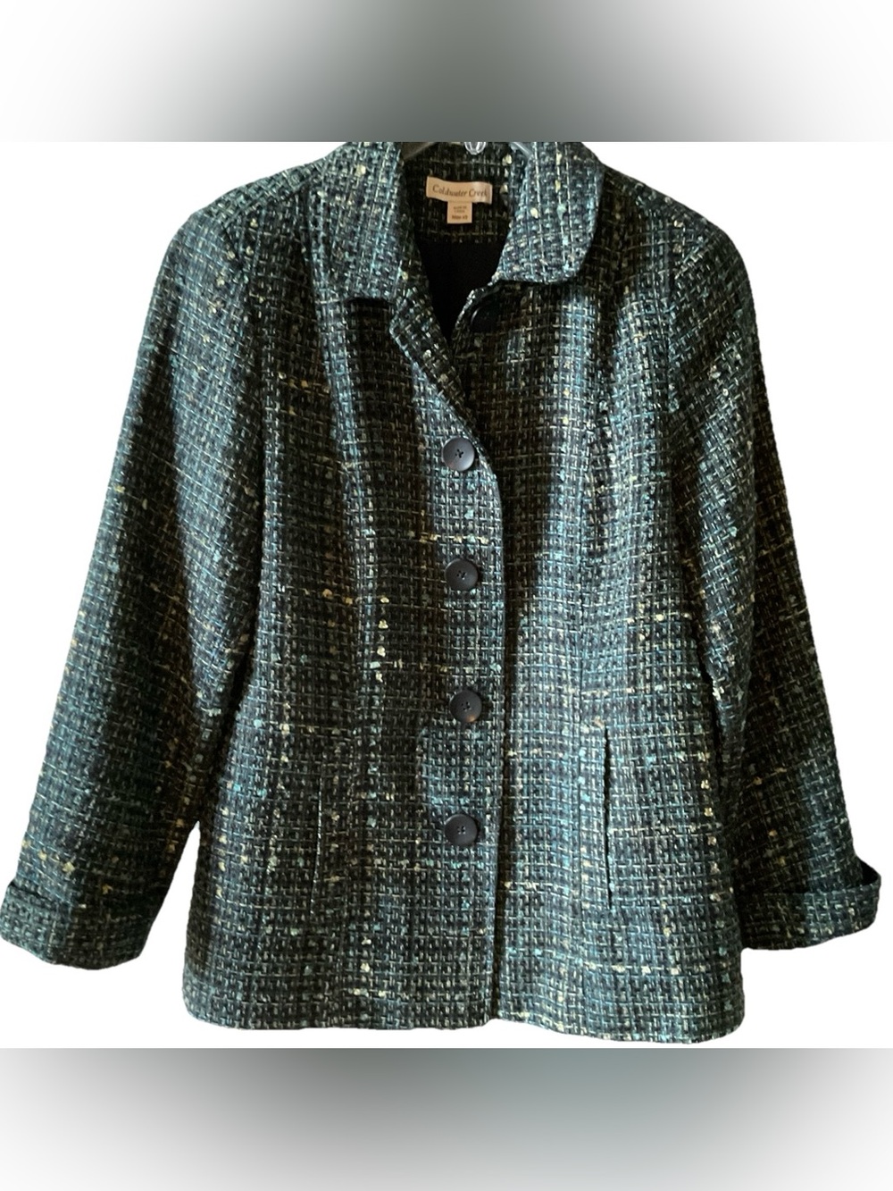 Coldwater Creek Teal Blue-Green Tweed Plaid Blazer Size Medium 10-12